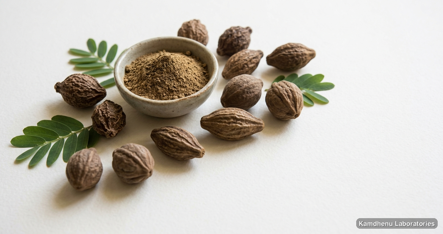 Triphala Churna | 250g — Ayurvedic powder containing amla, triphala. Clean product photograph on a soft light background.