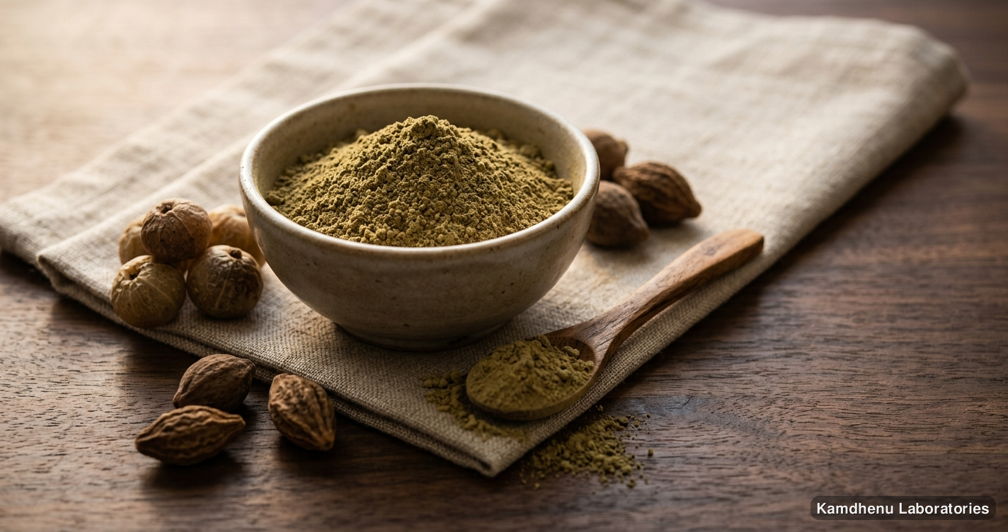 Ayurvedic powder — Triphala Churna | 250g featuring amla, triphala, photographed in a wellness setting