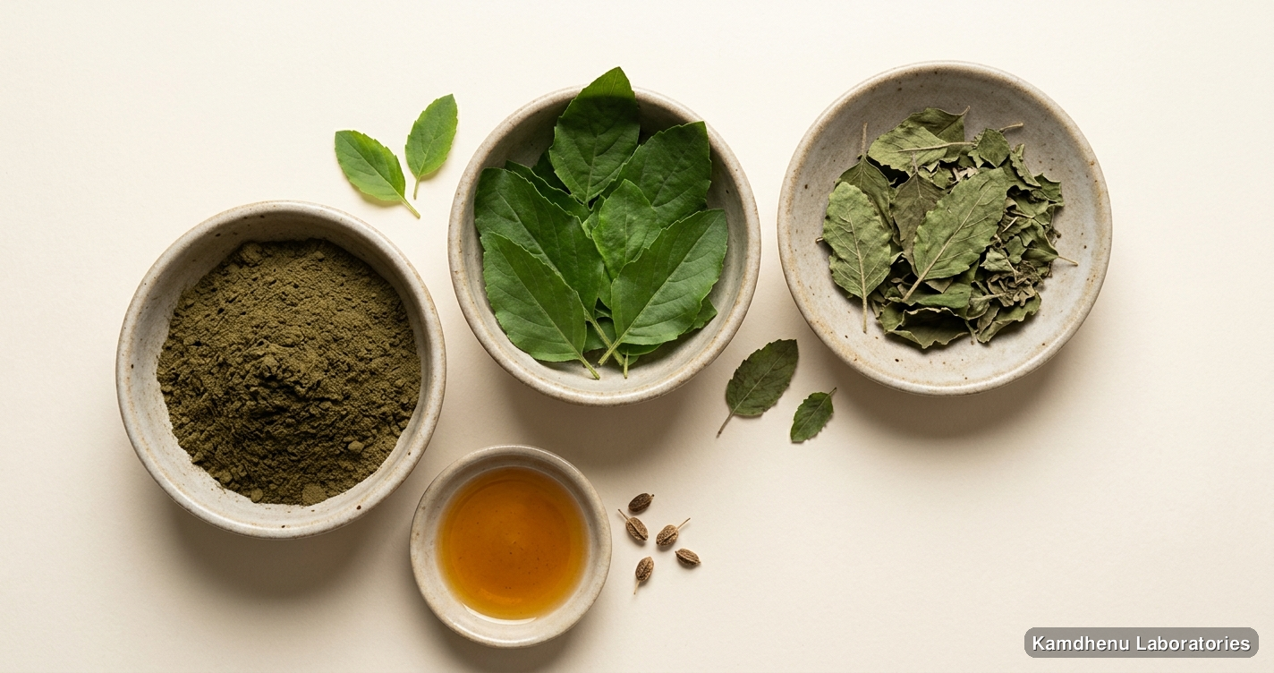 Tulsi Patra Powder — Ayurvedic powder containing tulsi. Clean product photograph on a soft light background.