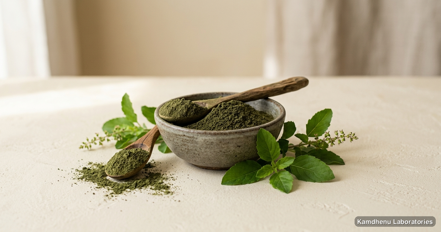 Ayurvedic powder — Tulsi Patra Powder featuring tulsi, photographed in a wellness setting