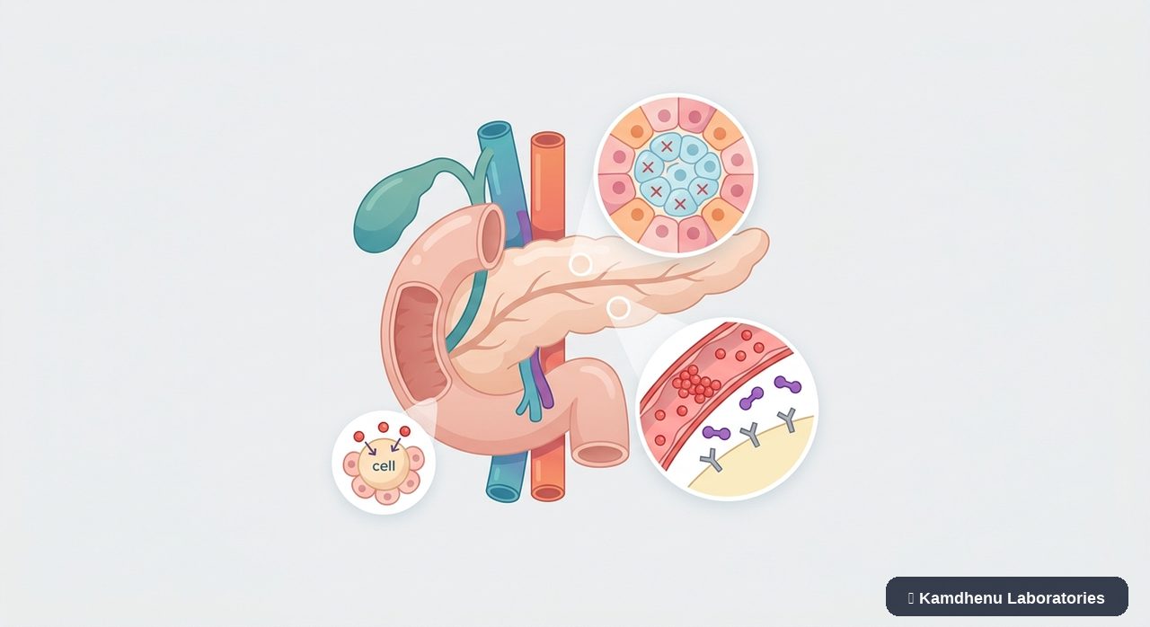 Editorial illustration representing Type 1 diabetes for the Kamdhenu Laboratories educational wellness blog.