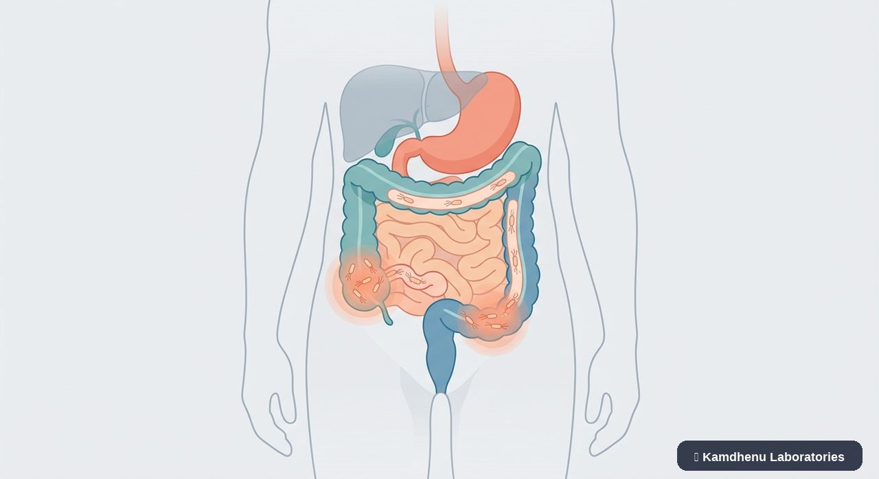 Editorial illustration representing Typhoid fever for the Kamdhenu Laboratories educational wellness blog.