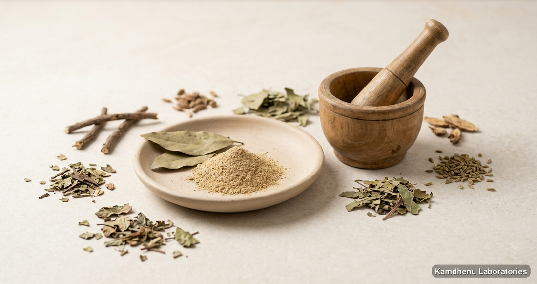 Udar Vikar Har Churna — Ayurvedic powder. Clean product photograph on a soft light background.
