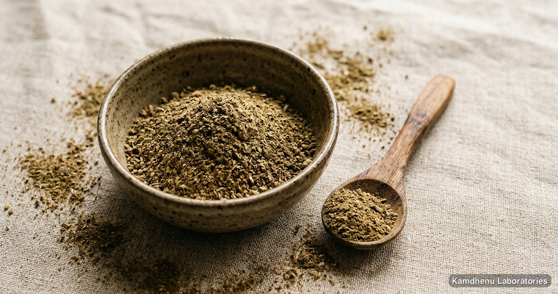 Ayurvedic powder — Udar Vikar Har Churna, photographed in a wellness setting