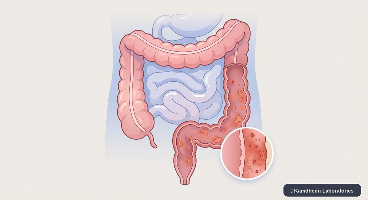 Editorial illustration representing Ulcerative colitis for the Kamdhenu Laboratories educational wellness blog.