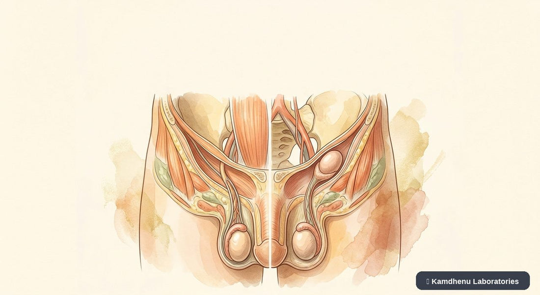 Editorial illustration representing Undescended testicle for the Kamdhenu Laboratories educational wellness blog.