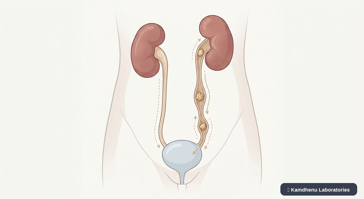 Editorial illustration representing Ureteric stones for the Kamdhenu Laboratories educational wellness blog.