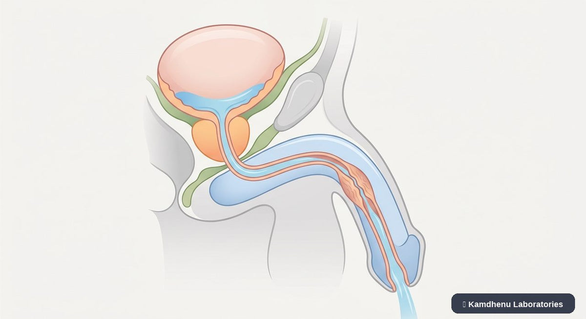 Editorial illustration representing Urethral stricture for the Kamdhenu Laboratories educational wellness blog.