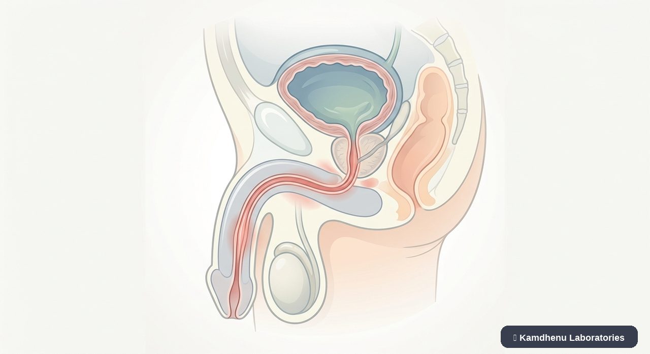 Editorial illustration representing Urethritis for the Kamdhenu Laboratories educational wellness blog.