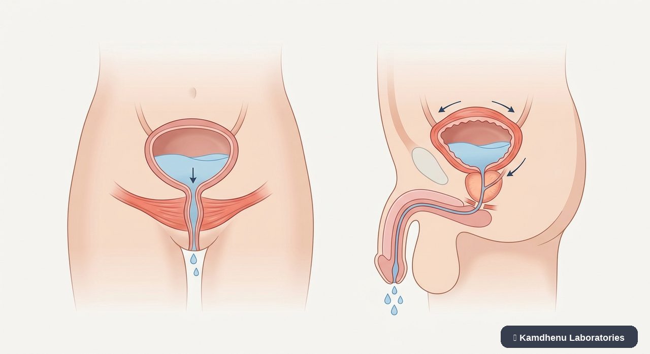 Editorial illustration representing Urinary incontinence for the Kamdhenu Laboratories educational wellness blog.