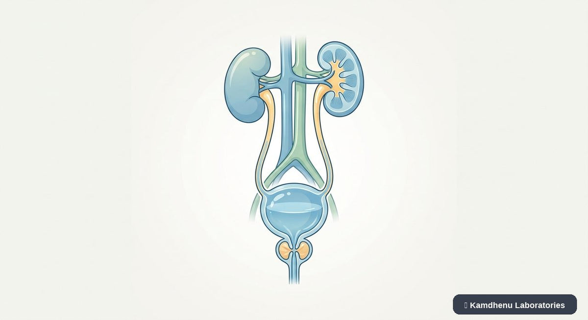 Editorial illustration representing Urinary retention for the Kamdhenu Laboratories educational wellness blog.