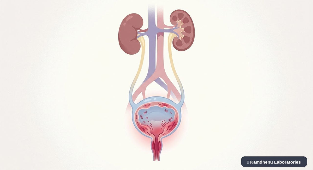 Editorial illustration representing Urinary tract infection (UTI) for the Kamdhenu Laboratories educational wellness blog.
