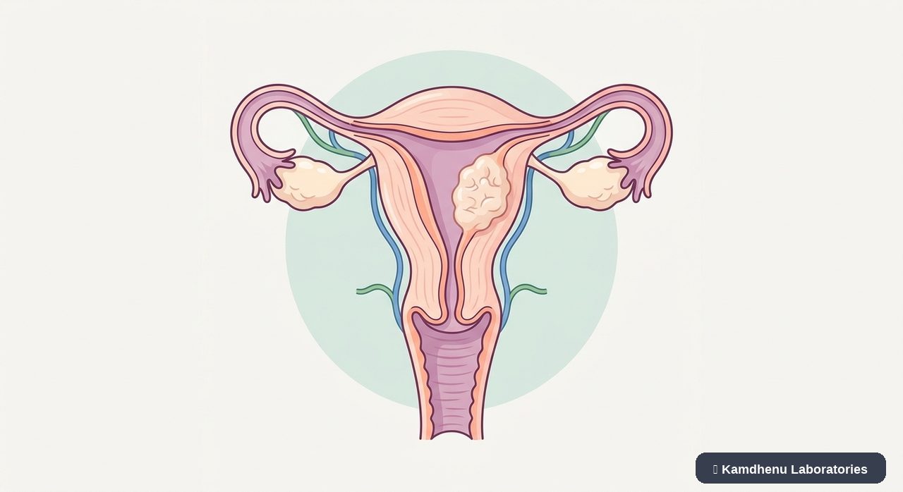Editorial illustration representing Uterine cancer for the Kamdhenu Laboratories educational wellness blog.