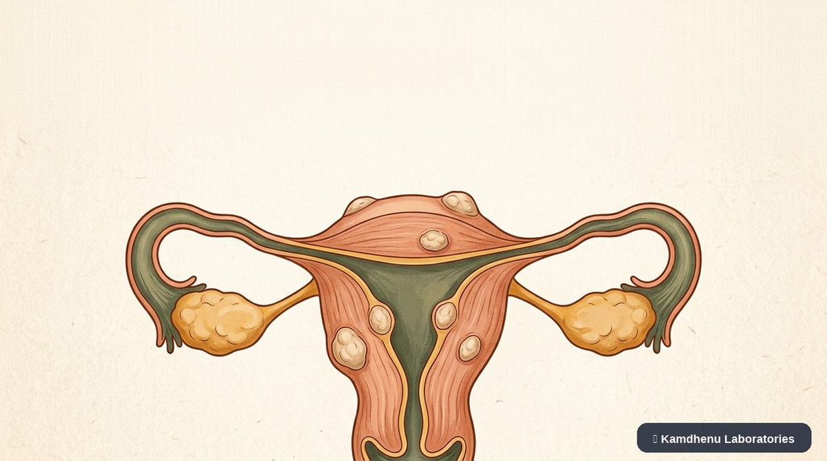 Editorial illustration representing Uterine fibroids for the Kamdhenu Laboratories educational wellness blog.