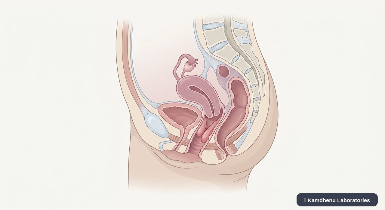 Editorial illustration representing Uterine prolapse for the Kamdhenu Laboratories educational wellness blog.