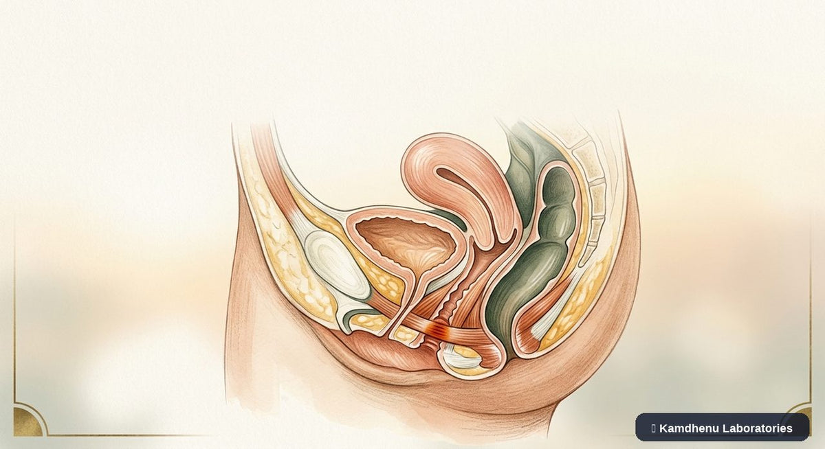 Editorial illustration representing Vaginismus for the Kamdhenu Laboratories educational wellness blog.