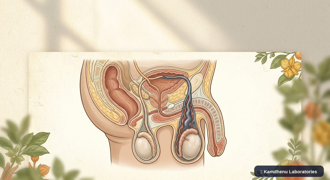 Editorial illustration representing Varicocele for the Kamdhenu Laboratories educational wellness blog.