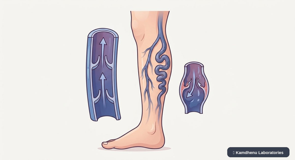 Editorial illustration representing Varicose veins for the Kamdhenu Laboratories educational wellness blog.