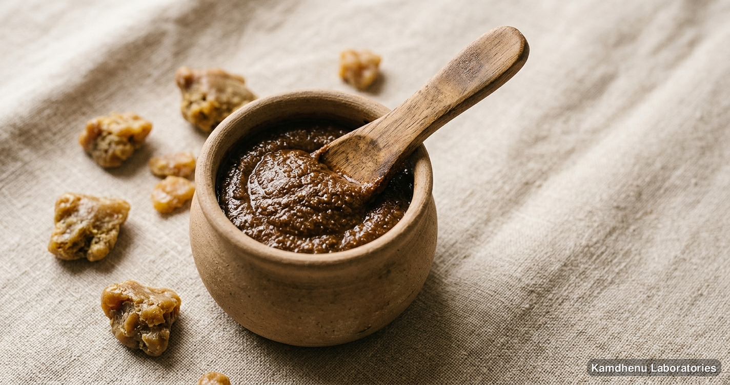 Ayurvedic paste — Vasavaleha featuring hing, photographed in a wellness setting