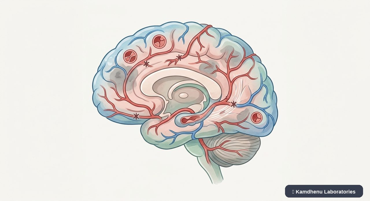 Editorial illustration representing Vascular dementia for the Kamdhenu Laboratories educational wellness blog.