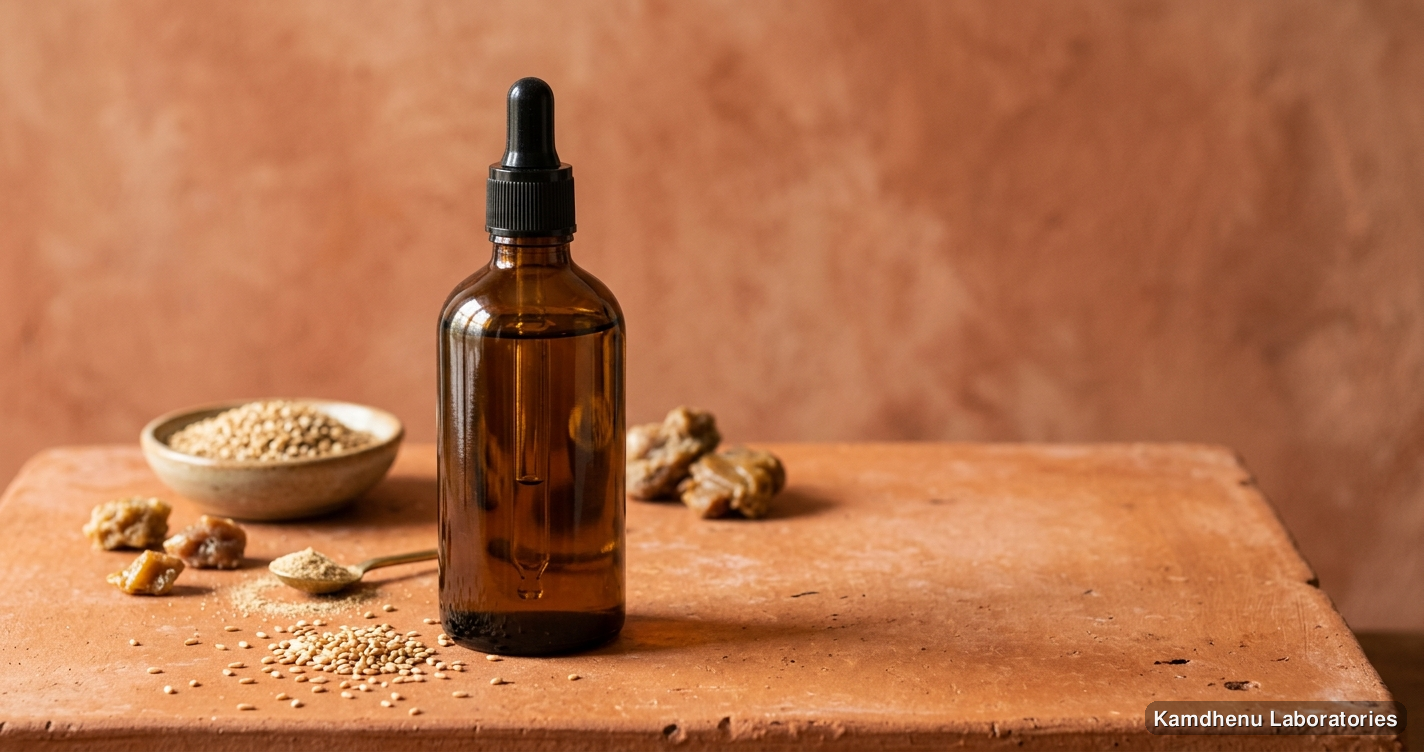 Ayurvedic oil — Vatanil Taila - 100ML featuring til, hing, photographed in a wellness setting