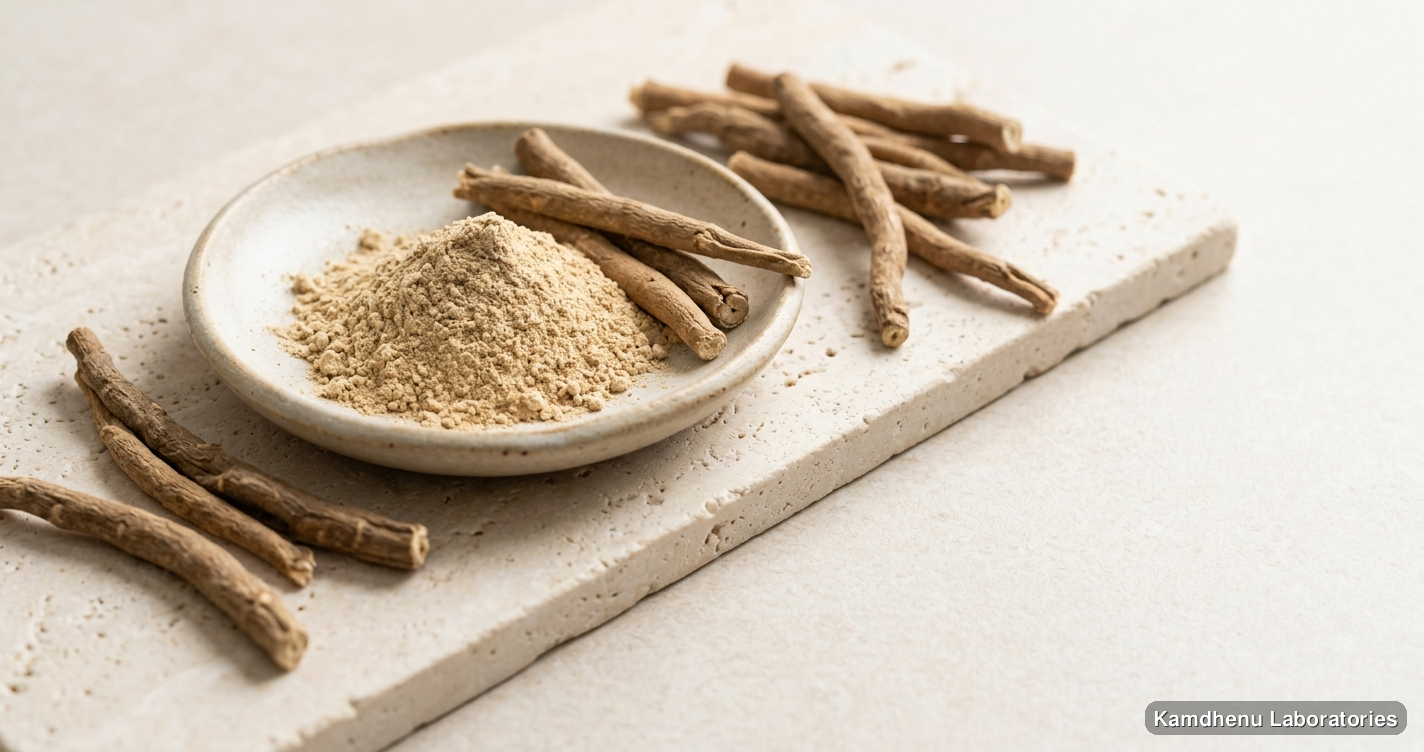 Vatari Churna — Ayurvedic powder containing ashwagandha. Clean product photograph on a soft light background.