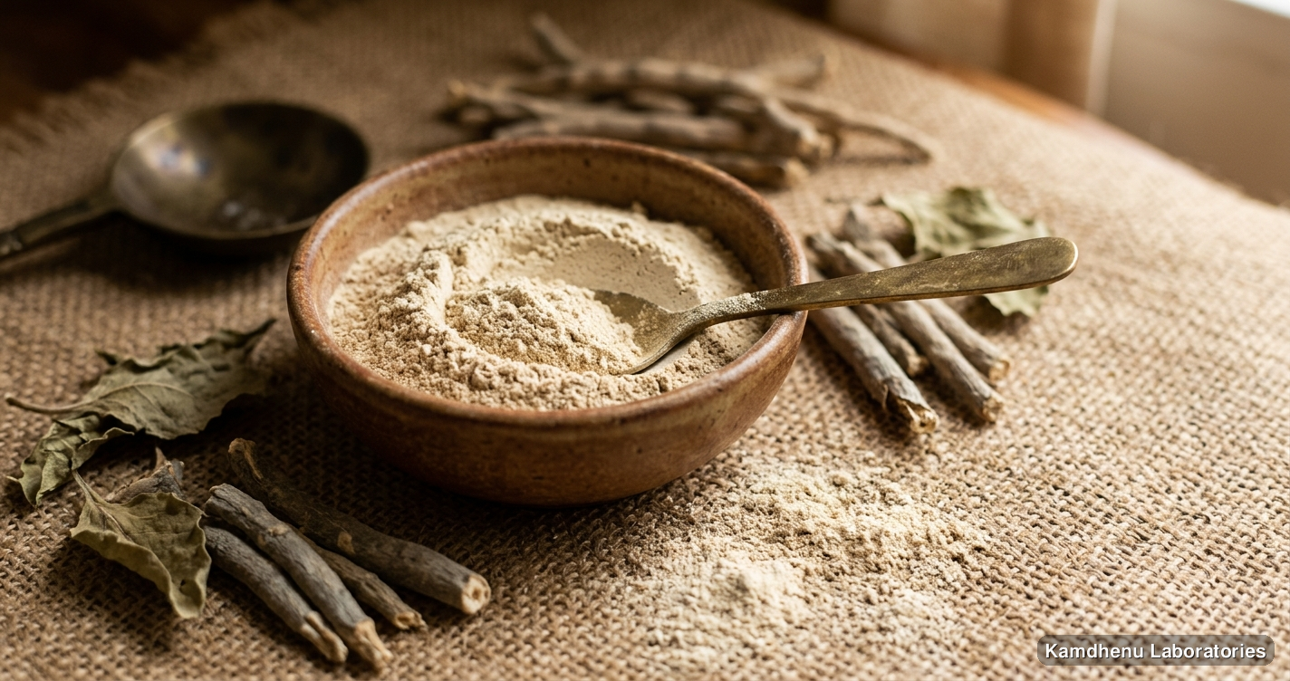 Ayurvedic powder — Vatari Churna featuring ashwagandha, photographed in a wellness setting