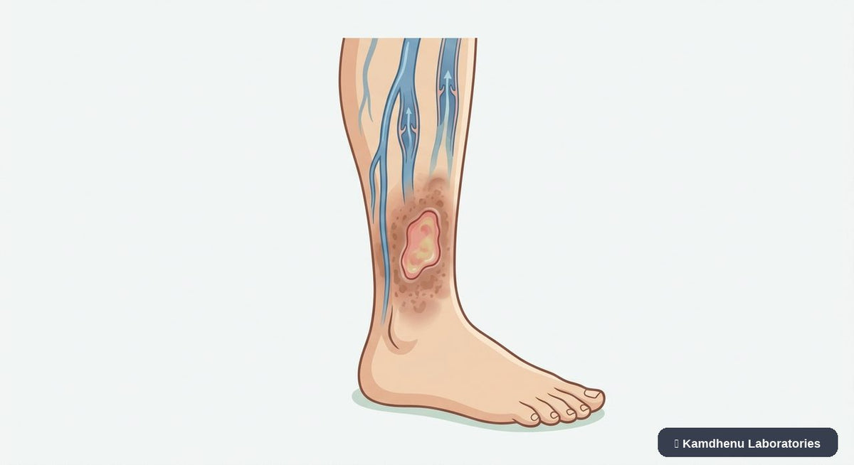 Editorial illustration representing Venous leg ulcer for the Kamdhenu Laboratories educational wellness blog.