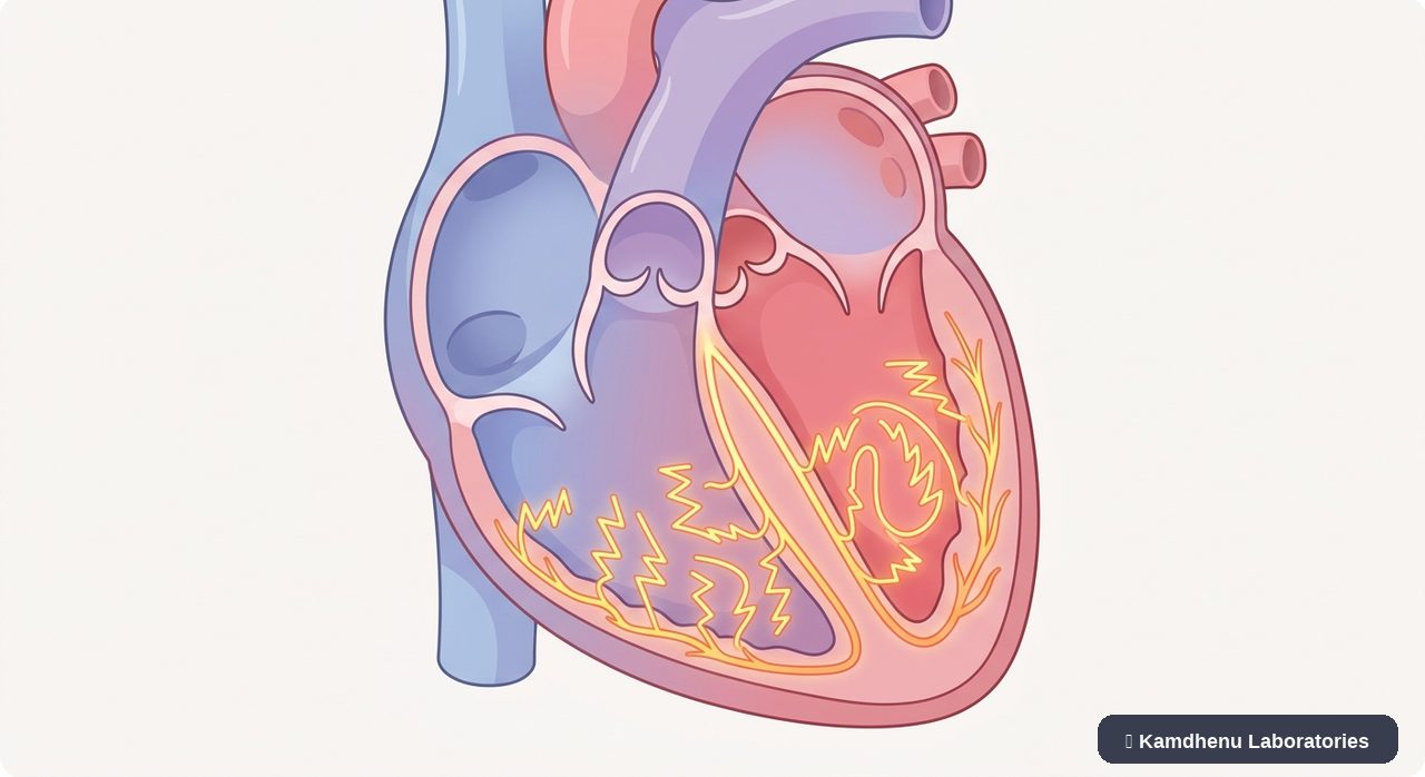 Editorial illustration representing Ventricular tachycardia for the Kamdhenu Laboratories educational wellness blog.