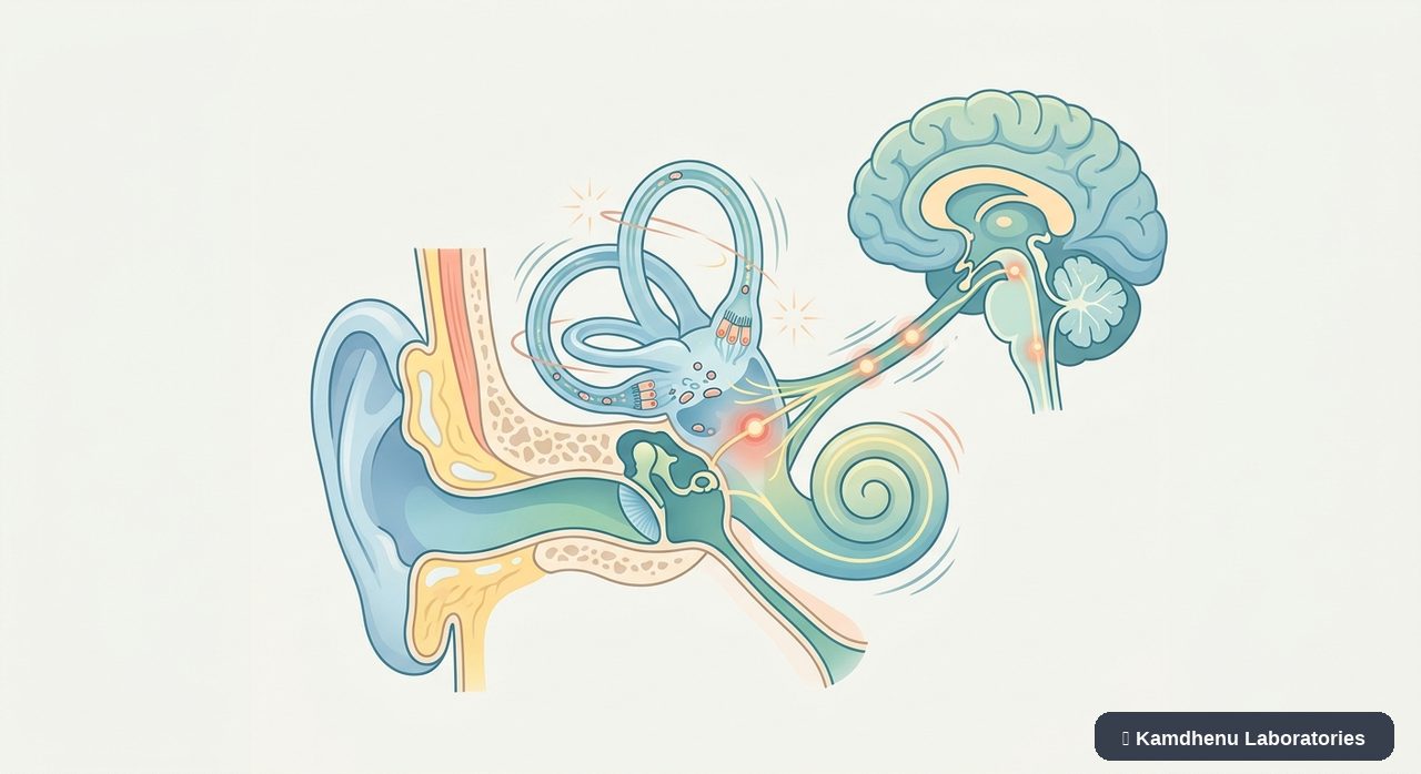 Editorial illustration representing Vertigo for the Kamdhenu Laboratories educational wellness blog.