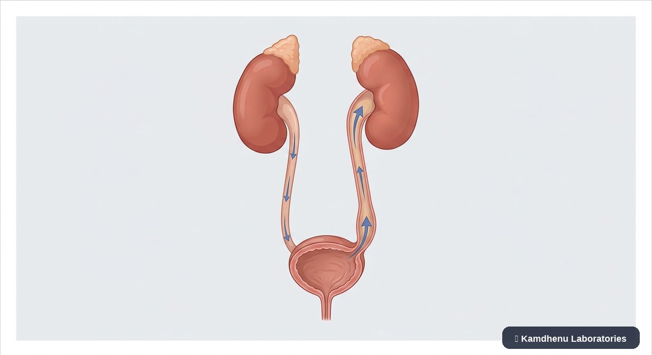 Editorial illustration representing Vesicoureteral reflux for the Kamdhenu Laboratories educational wellness blog.