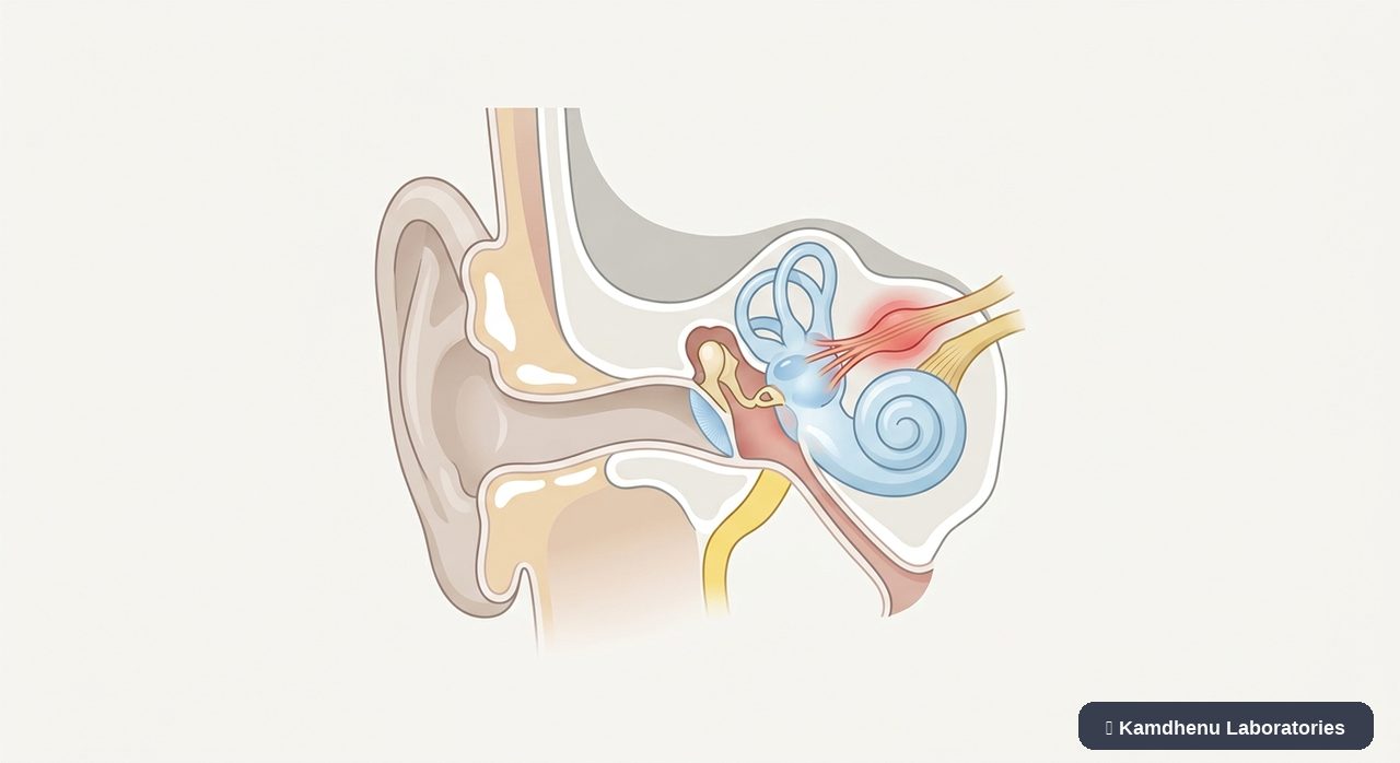 Editorial illustration representing Vestibular neuritis for the Kamdhenu Laboratories educational wellness blog.