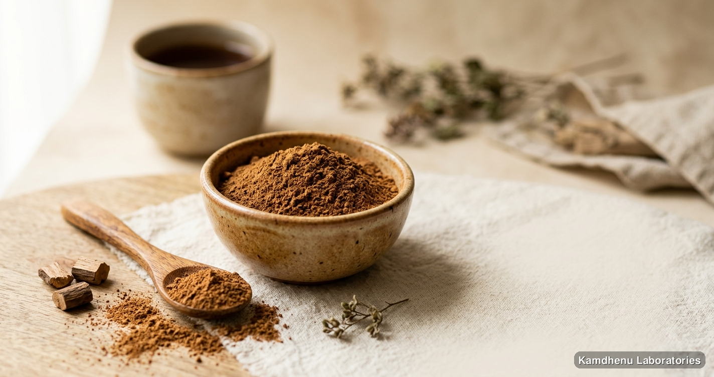 Ayurvedic powder — Vijaysar Powder, photographed in a wellness setting