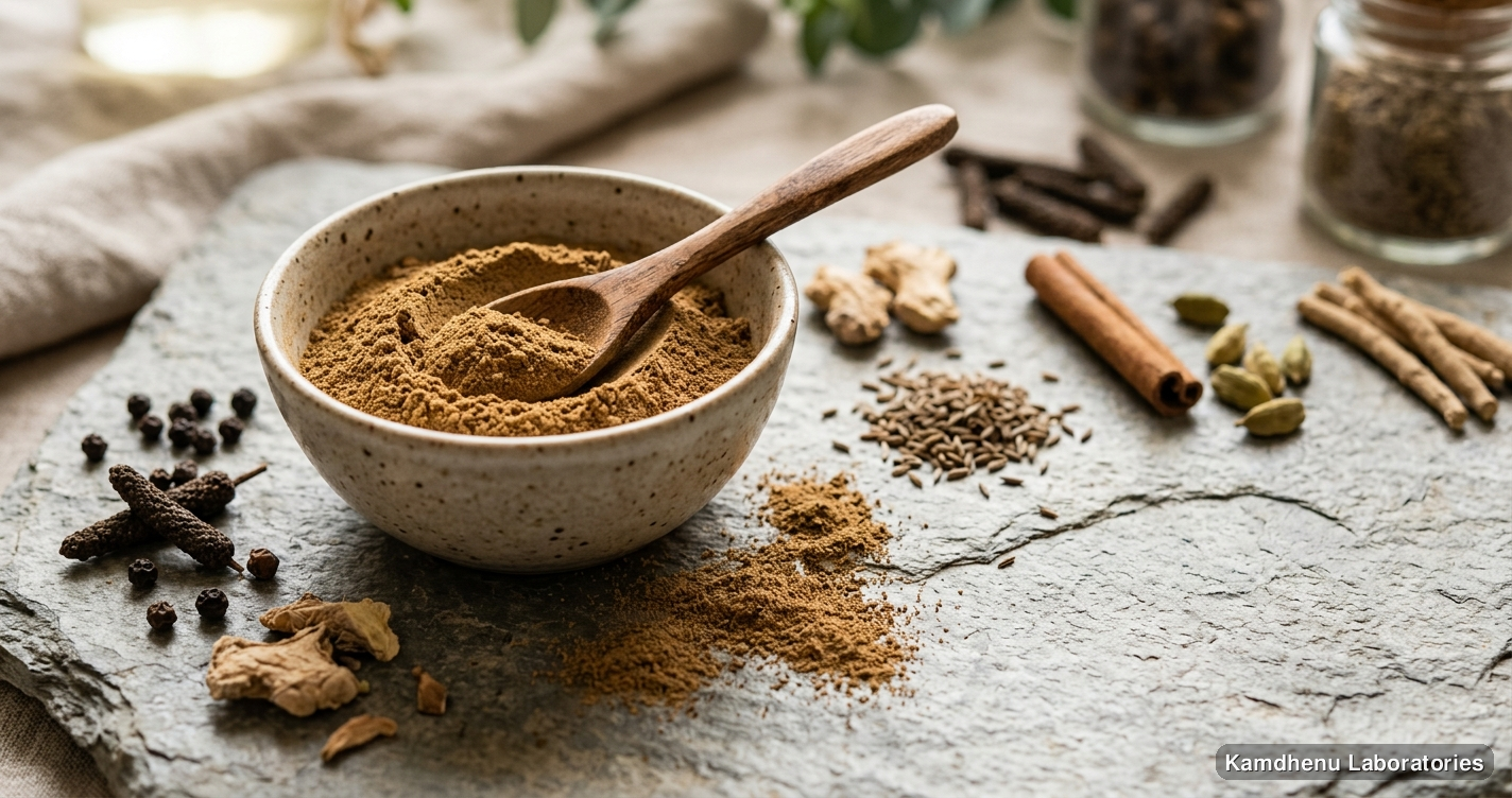 Ayurvedic powder — Virya Shodhan Churna, photographed in a wellness setting