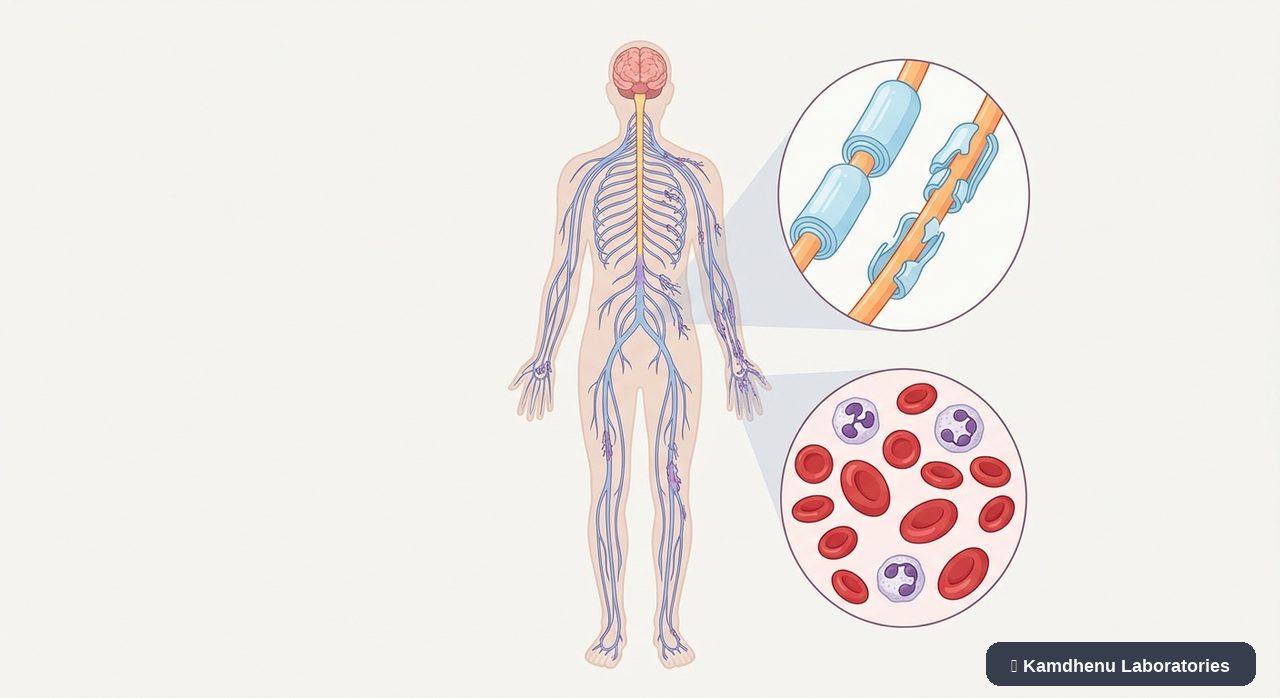 Editorial illustration representing Vitamin B12 deficiency for the Kamdhenu Laboratories educational wellness blog.
