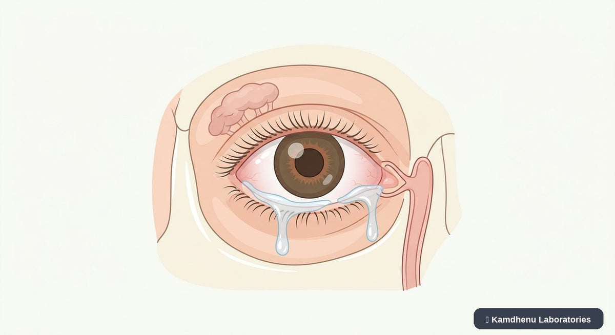 Editorial illustration representing Watery eyes for the Kamdhenu Laboratories educational wellness blog.