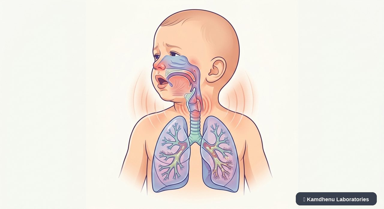 Editorial illustration representing Whooping cough (Pertussis) for the Kamdhenu Laboratories educational wellness blog.