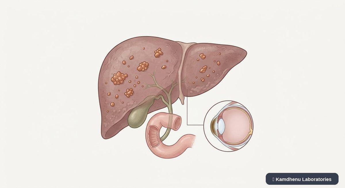 Editorial illustration representing Wilson disease for the Kamdhenu Laboratories educational wellness blog.