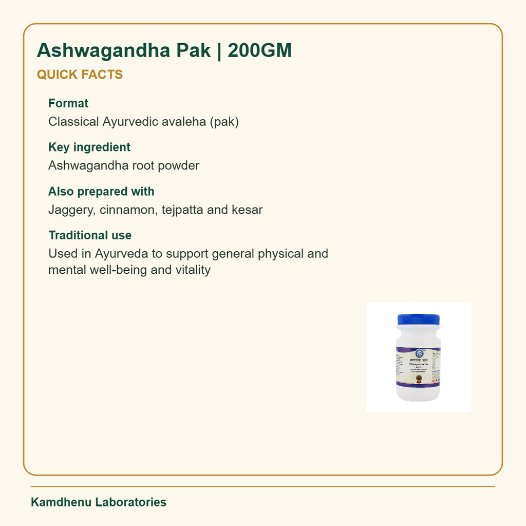 Ashwagandha Pak | 200GM — Quick Facts: Format: Classical Ayurvedic avaleha (pak); Key ingredient: Ashwagandha root powder