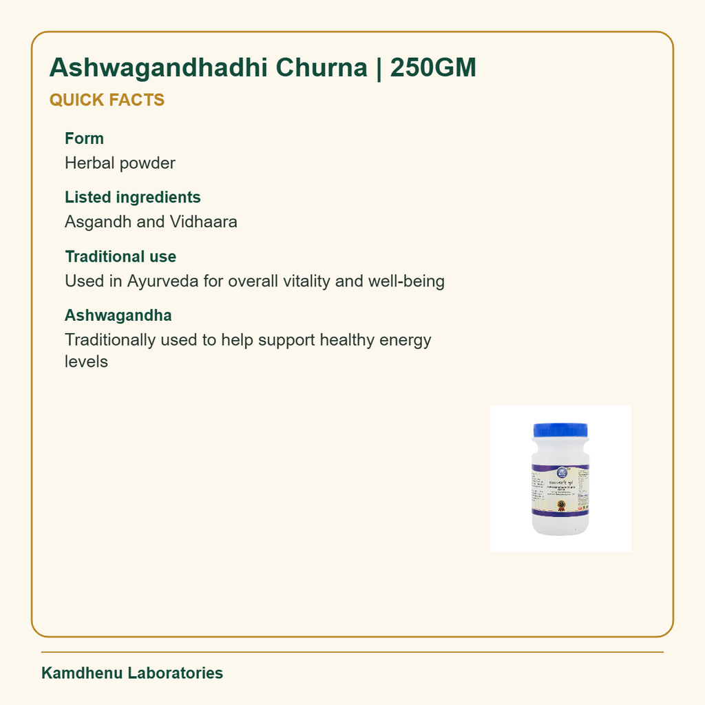 Ashwagandhadhi Churna | 250GM — Quick Facts: Form: Herbal powder; Listed ingredients: Asgandh and Vidhaara
