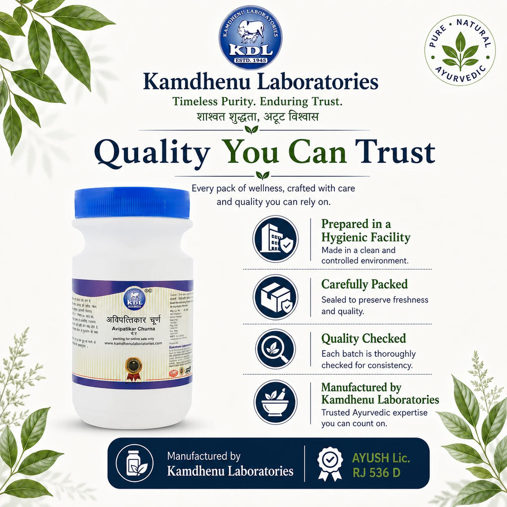 Kamdhenu Laboratories Avipattikar Churna 100g quality information showing hygienic preparation, careful packing and AYUSH Lic. RJ 536 D.