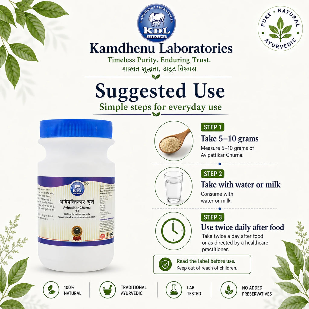 Suggested use of Kamdhenu Laboratories Avipattikar Churna 100g: take 5–10 grams with water or milk twice daily after food.