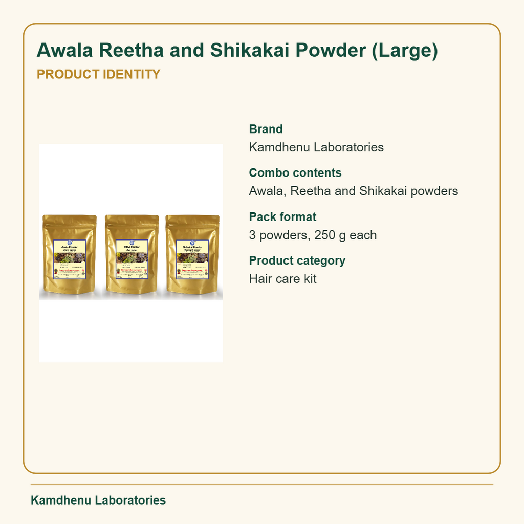 Awala Reetha and Shikakai Powder (Large) — Product Identity: Brand: Kamdhenu Laboratories; Combo contents: Awala, Reetha and Shikakai powders