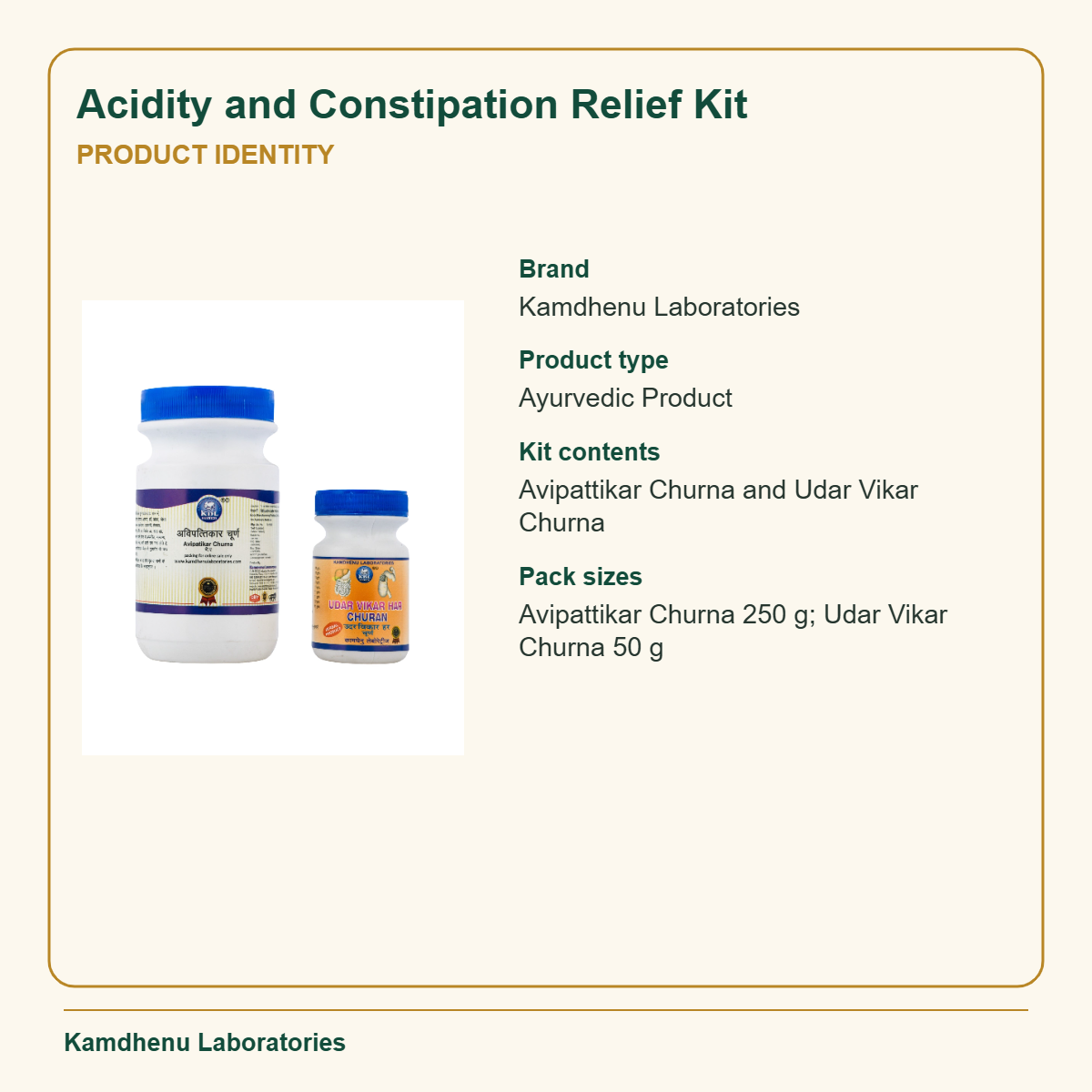 Acidity and Constipation Relief Kit — Product Identity: Brand: Kamdhenu Laboratories; Product type: Ayurvedic Product