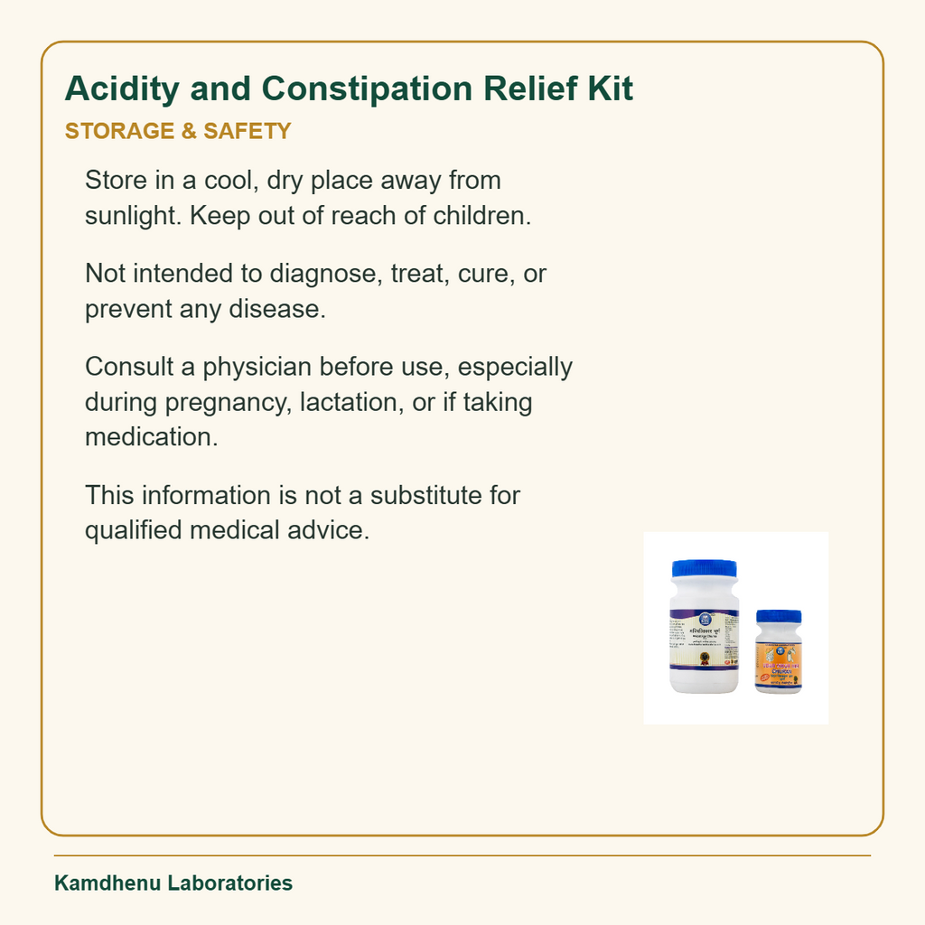 Acidity and Constipation Relief Kit — Storage & Safety: Store in a cool, dry place away from sunlight. Keep out of reach of children.