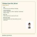 B-Akar Care Oil | 50 ml — Quick Facts: Use: External use and traditional massage; Listed ingredients: Caasis, Asgandha, Lodhra, Gajpeepli, Gambhaari