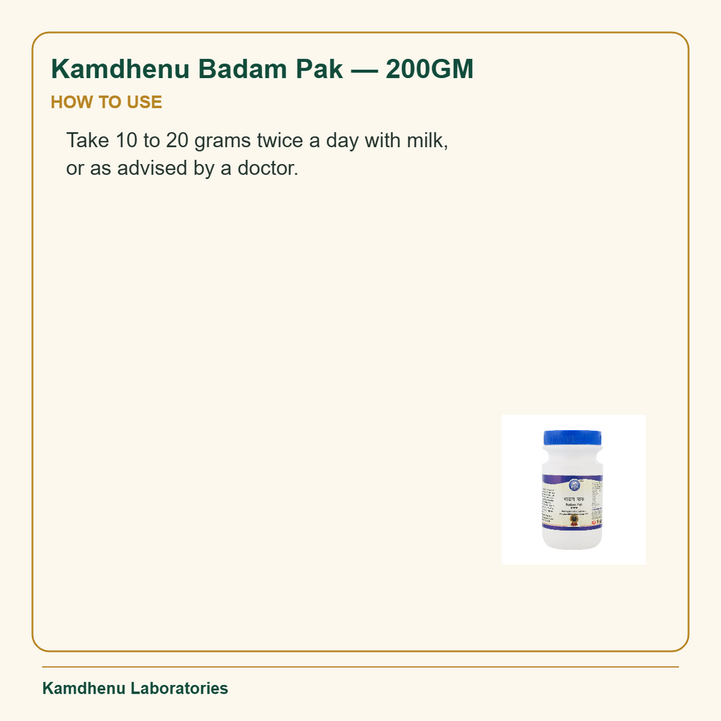 Kamdhenu Badam Pak — 200GM — How to Use: Take 10 to 20 grams twice a day with milk, or as advised by a doctor.