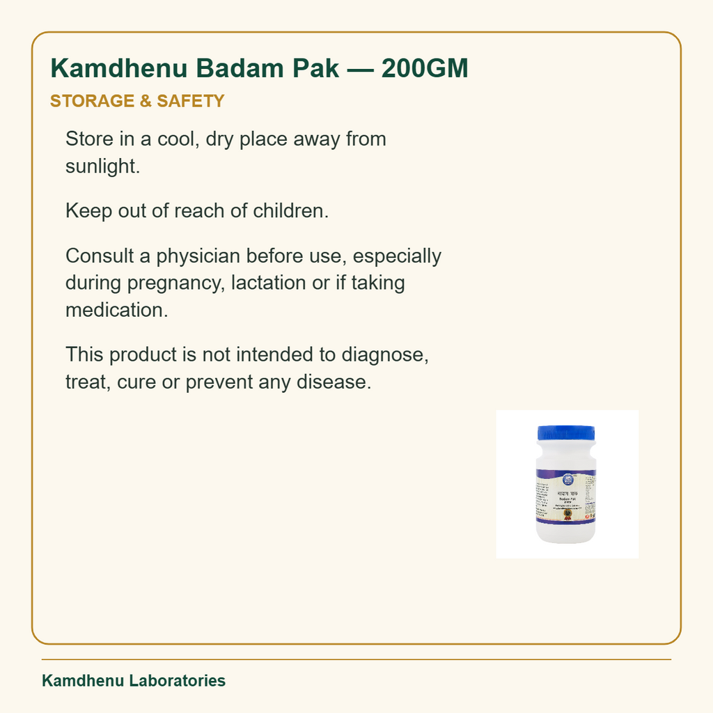 Kamdhenu Badam Pak — 200GM — Storage & Safety: Store in a cool, dry place away from sunlight.
