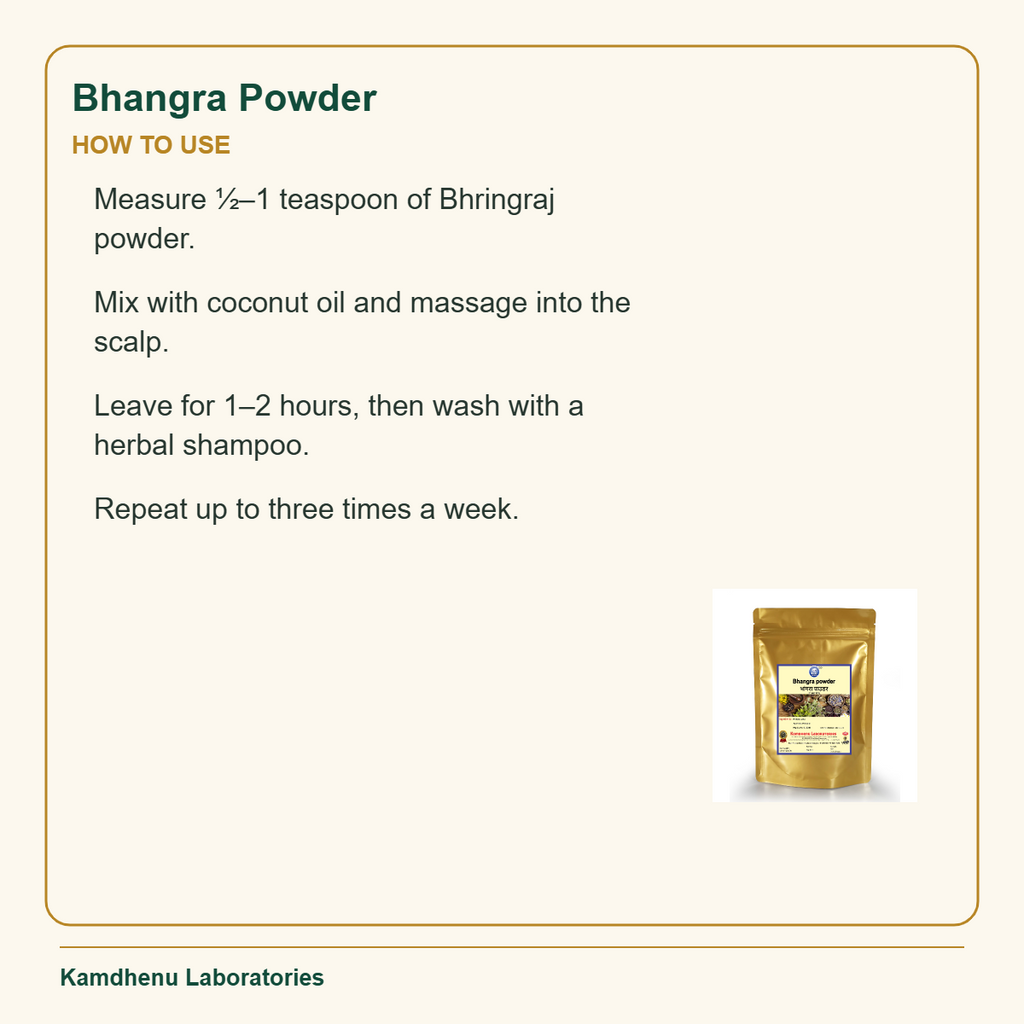 Bhangra Powder — How to Use: Measure ½–1 teaspoon of Bhringraj powder.