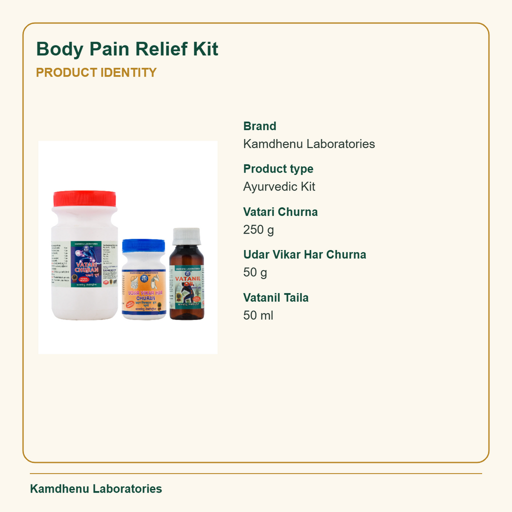 Body Pain Relief Kit — Product Identity: Brand: Kamdhenu Laboratories; Product type: Ayurvedic Kit